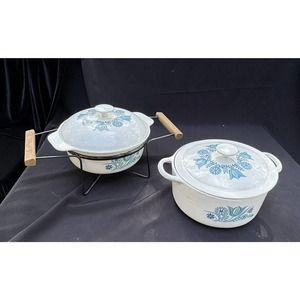 2 Prizer Ware Cast Iron Enamel Casserole Pots & Warmer Blue Tulips